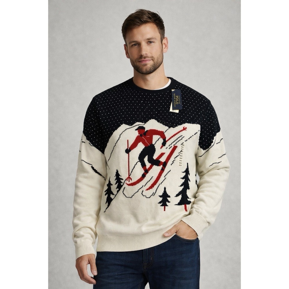 Polo Ralph Lauren Sweater Mens XXL Tall Navy Pullover Navy White Red Cabincore